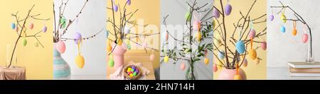Colorful Easter eggs hanging on tree branches Stock Photo