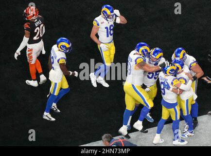 Inglewood, California, USA. 13th Feb, 2022. Los Angeles Rams quarterback  Matthew Stafford (9) argues with Cincinnati Bengals free safety Vonn Bell  (24) after a hard hit on Los Angeles Rams wide receiver