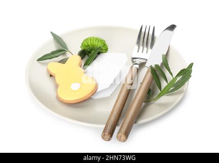 Stylish table setting with Easter cookie on beige background Stock ...