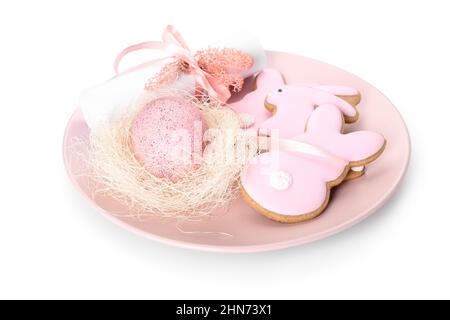 Stylish table setting with Easter cookies on light grunge background ...