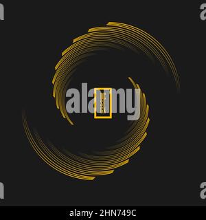 Yellow curved speed lines in abstract spiral form. Gray background. Trendy design element for round frame, logo, sign, symbol, web, prints, badges Stock Vector