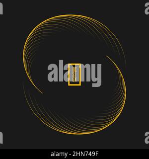 Yellow curved speed lines in abstract circle form. Gray background. Trendy design element for round frame, logo, sign, symbol, web, prints, badges Stock Vector