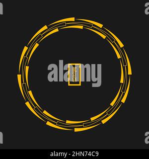 Curvy yellow stripes in ring form. Vector illustration. Gray background. Trendy design element for frame, logo, sign, symbol, web, prints, badges Stock Vector