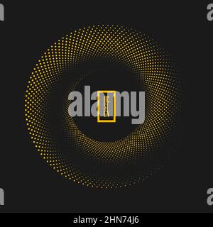Yellow tiny halftone dots in round form. Vector illustration. Design element for technology round logo, striped border frame, badges, emblems, tattoo Stock Vector