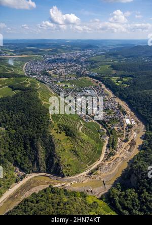 Aerial photograph, flooded area at the river Ahr in Walporzheim with view of Ahrweiler, Bad Neuenahr-Ahrweiler, Ahr flood, Ahr valley, Rhineland-Palat Stock Photo