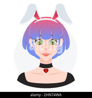 Pretty young woman cartoon avatar. Short hair beauty with rabbit ears acessory. Girl in wonderland. Gradient hairstyle Stock Vector