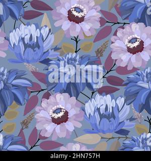 Vector floral seamless pattern. Blue and purple flowers isolated on a gray background. Stock Vector