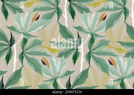 Vector floral seamless pattern. Green leaves on a beige background. Stock Vector