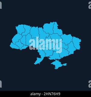 Blue ukrainian map with regions . concept of land, education, trip, detail cartography. The country of Ukraine. Stock Vector