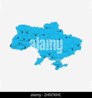 Blue ukrainian map with regions and City Centers . Infographic concept of land, education, trip, detail cartography. The country of Ukraine. Stock Stock Vector