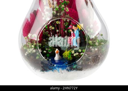 Glass terrarium. Large terrarium isolated on white background. Succulent plants in glass florarium vases, copy space. Home mini garden concept. Stock Photo