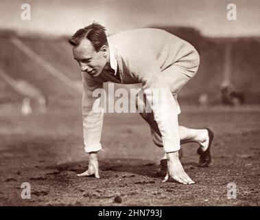 Eric Liddell (1902-1945), British champion runner and record holder, in April 1924 upon the announcement that he would not run in the 100 metre Olympic event because the trial heats were scheduled for a Sunday (July 6) and he would not indulge in work or play on the Sabbath. Liddell did win Gold that year in the 400 metre race in the 1924 Paris Summer Olympics on July 11. The following year, Liddell, a devout Christian, went to China as a missionary. Aside from two furloughs in Scotland, he remained in China until his death in a Japanese civilian internment camp in 1945. Stock Photo