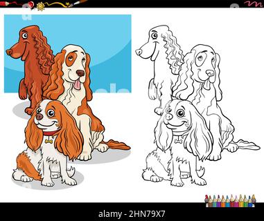 Cartoon illustration of spaniels purebred dogs comic characters coloring book page Stock Vector