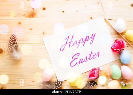 Easter arrangement with a greeting card Stock Photo