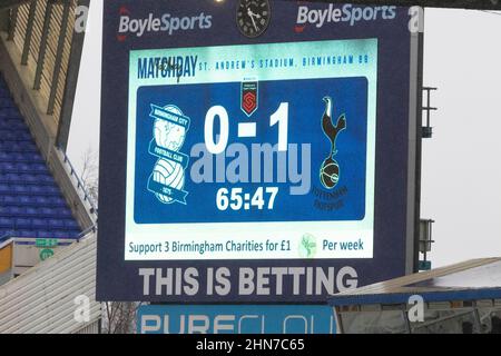 Scoreboard, Birmingham City 0-1 Tottenham Hotspur Stock Photo