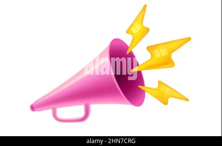 Vector vintage pink megaphone with lightning in realistic 3d style. Vector illustration of pink loudspeaker. Stock Vector