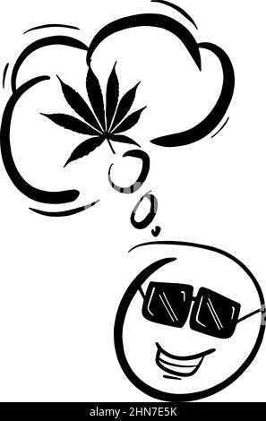 Cartoon smiley face with sunglasses thinking of marijuana Stock Vector