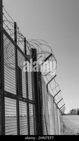 Razor wire security gate on a UK military base. USAF base at RAF Fairford. Monochrome image. Stock Photo