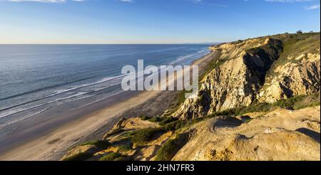 Torrey Pines State Beach Aerial Landscape View From Above.  Southern California Pacific Ocean Coastline Eroded Sandstone Cliffs La Jolla San Diego Stock Photo