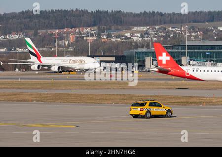 Zurich, Switzerland, February 10, 2022 Emirates Airbus A380-861 aircraft is taxiing to its position