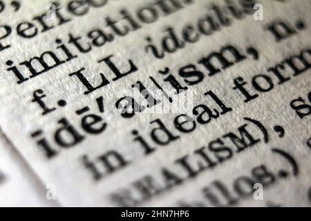 Word 'idealism' printed on dictionary page, macro close-up