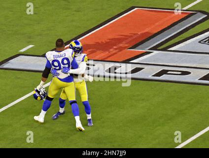 Los Angeles Rams defensive end Aaron Donald (99) leads the celebration after defeating the Cincinnati Bengals 23-20 in Super Bowl LVI at SoFi Stadium in Los Angeles on Sunday, February 13, 2022. Photo by Jim Ruymen/UPI Stock Photo