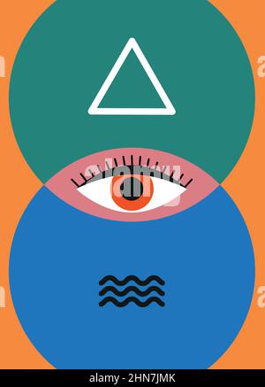 Eyes and simple geometric forms on orange backdrop Stock Vector