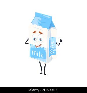 Cartoon funny milk character, dairy food and drink with cute happy face, vector personage. Milk pack emoji with kawaii smile and thumb up gesture, kid Stock Vector