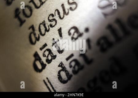 Word data printed on dictionary page, macro close-up Stock Photo