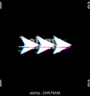 Way pointer arrow pointing jump forward right on malfunction distortion display with glitch effect, three arrows. Vector pointer, digital noise, ui ga Stock Vector