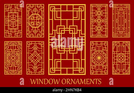 Asian window and door ornaments, Korean, Chinese and Japanese patterns, vector golden frames. Asian geometric style, ancient oriental house art for wi Stock Vector