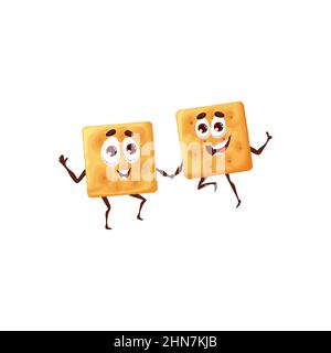 Cartoon crackers twins or biscuit cookies, vector cute food snacks. Square crackers friends, funny characters jumping and holding by hands in friendsh Stock Vector