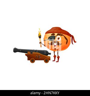 Clementine mandarin citrus fruit pirate corsair emoticon isolated funny cartoon character gun and burning torch. Vector exotic tropical food dessert w Stock Vector