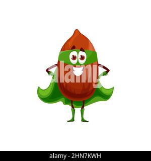 Peanut emoticon emoji superhero with kind face in mask and cape isolated gout nut cartoon character. Vector bean pecun with kind facial expression, go Stock Vector