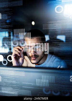 Testing his code. Cropped shot of a male computer programmer working on new code. Stock Photo