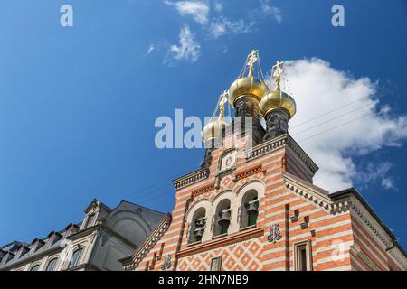 Close-up on three onion domes and bells of the Orthodox Alexander Nevsky Church, Copenhagen, Denmark. Stock Photo