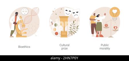 Culture and ethics abstract concept vector illustration set. Bioethics and genetic biotechnology, cultural prize, public morality and ethical standards, nobel laureate, life science abstract metaphor. Stock Vector