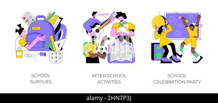 School year abstract concept vector illustration set. School supplies, after school activities, celebration party, kids stationery, debate team, student newspaper, backpack abstract metaphor. Stock Vector