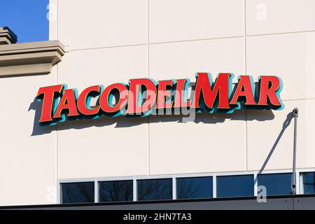 Burlington, WA, USA - February 12, 2022; Sign for Taco Del Mar fast food restaurant in Burlington Washington Stock Photo