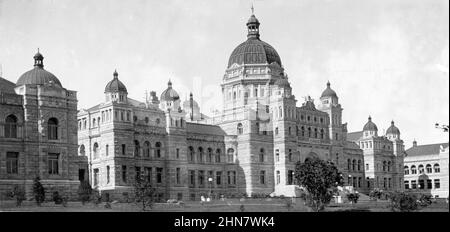 Vintage black and white photograph ca. 1943 of  the Provincial Parliament Buildings in Victoria, British Columbia, Canada Stock Photo