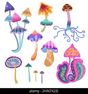 Set of psychedelic and fairy colorful mushrooms isolated on white background. Vector hand drawn illustration. Stock Vector