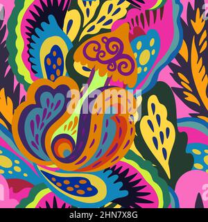 Colorful seamless pattern with crazy psychedelic organic abstract elements, print with plant and mushrooms  Stock Vector