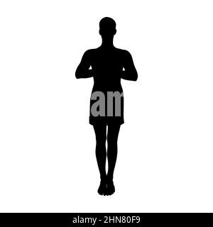 Meditating yogi man silhouette in pranamasana. Hatha yoga prayer pose. Vector illustration isolated in white background Stock Vector