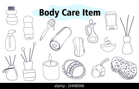 A large set of items for the bathroom and shower. Face and body care. Scents for the home. Vector illustration in linear design on a white background. Stock Vector