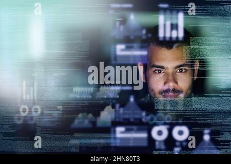 Programmers speak their own language. Cropped shot of a young computer programmer looking through data. Stock Photo