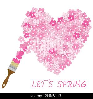 Spring concept with paintbrush paints cherry flowers in a shape of heart Stock Vector