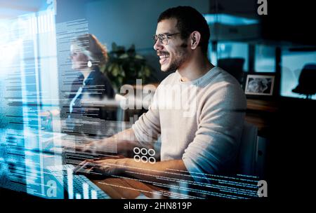 Writing the perfect code. Cropped shot of computer programmers working on new code. Stock Photo