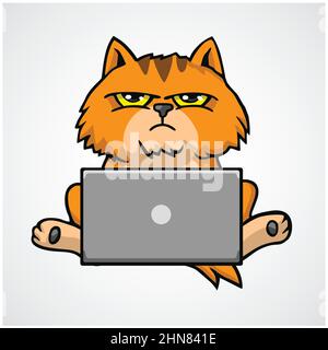 Cat Grumpy Cute Working on Laptop Cartoon Vector Design Icon Illustration Stock Vector