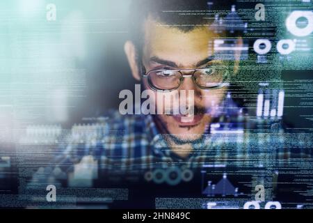 Debugging a few lines of code. Cropped shot of a young computer programmer looking through data. Stock Photo