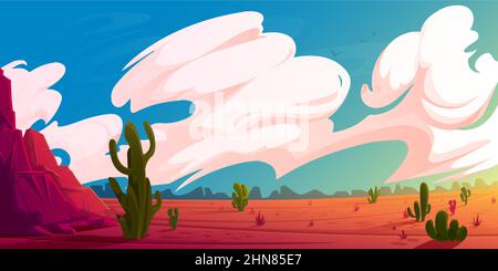 Desert landscape with mountains, cactuses and red dry ground at sunrise. Vector cartoon illustration of hot American or Mexican desert with rocks, plants, saguaro and clouds in sky Stock Vector